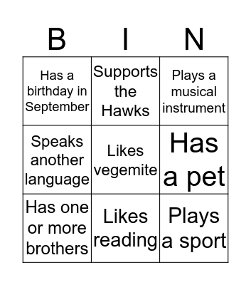 Getting to know you Bingo Card