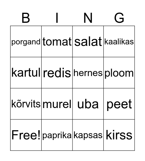 Puu- ja köögiviljad Bingo Card