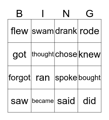 Irregular verbs Bingo Card