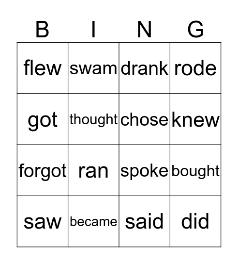 Irregular verbs Bingo Card
