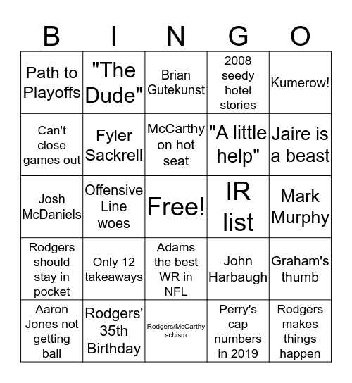 Packers/Cardinals Annoucner Bingo Card