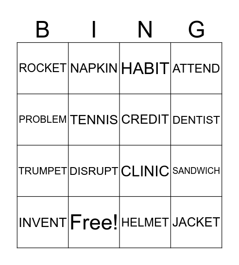 Closed Syllable Bingo Card