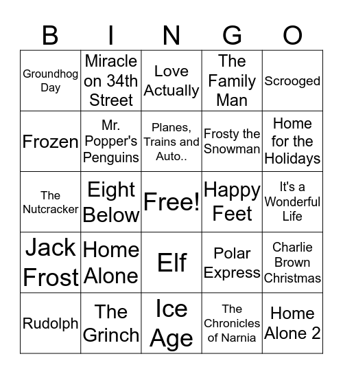 Winter Movies Bingo Card