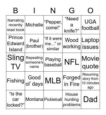 Fielder Bingo Card