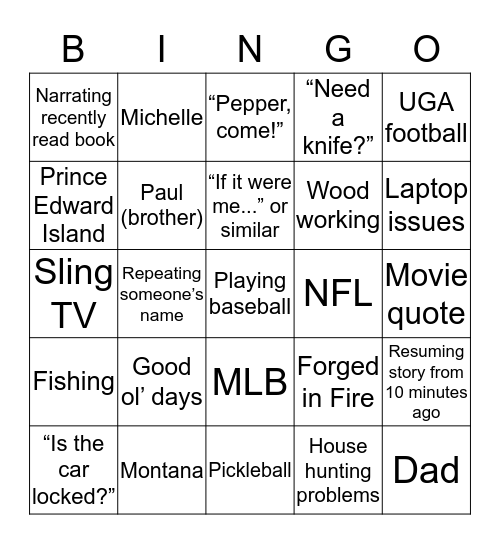 Fielder Bingo Card