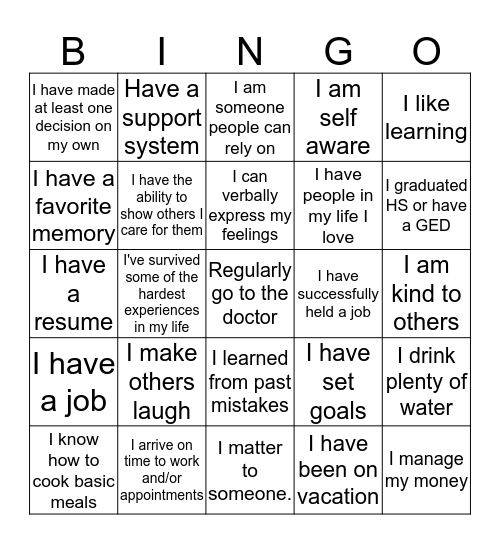 Personal Strengths Bingo Card
