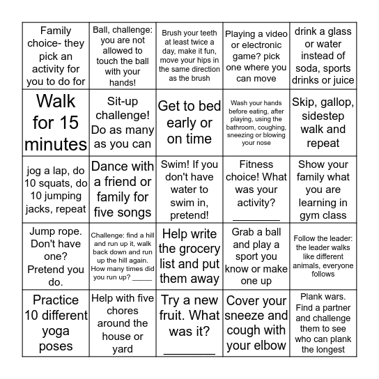 Run Wild! Health and Fitness Bingo Sheet ____  Bingo Card