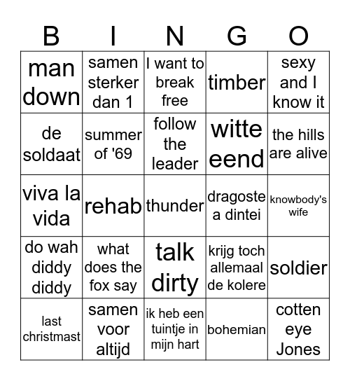 Liedjes Bingo Card