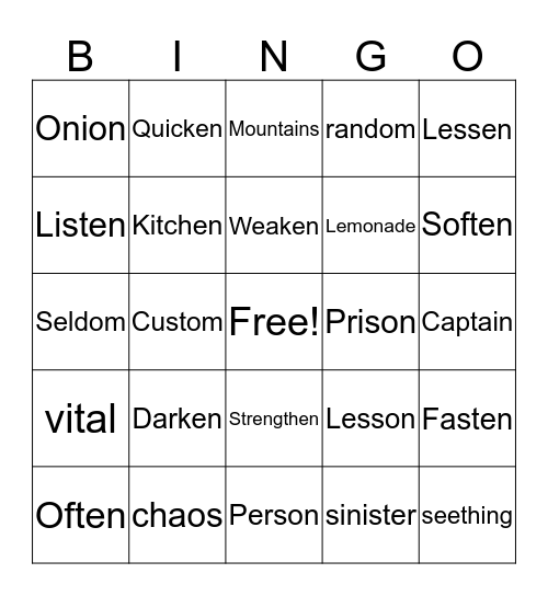 Spelling Words for the Week of November 26 Bingo Card