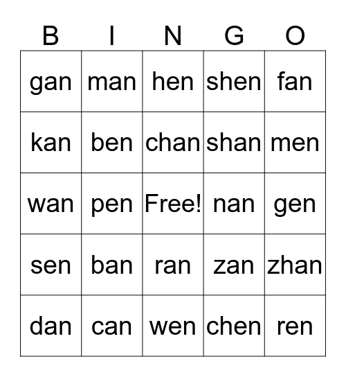 an, en, in Bingo Card