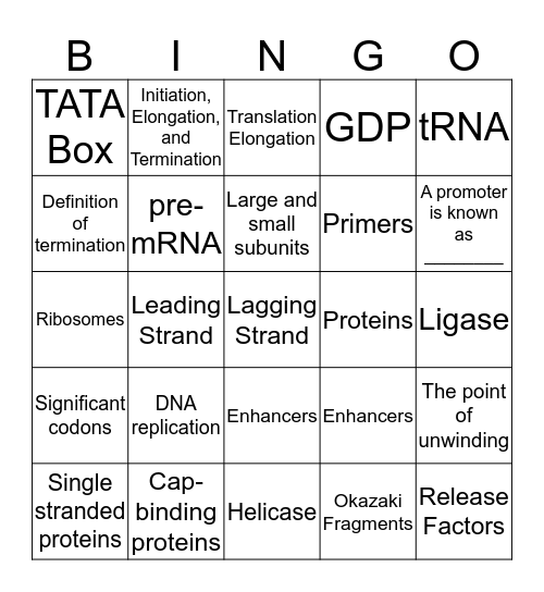 Replication, Transcription and Translation Bingo Card