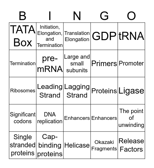 Replication, Transcription and Translation Bingo Card