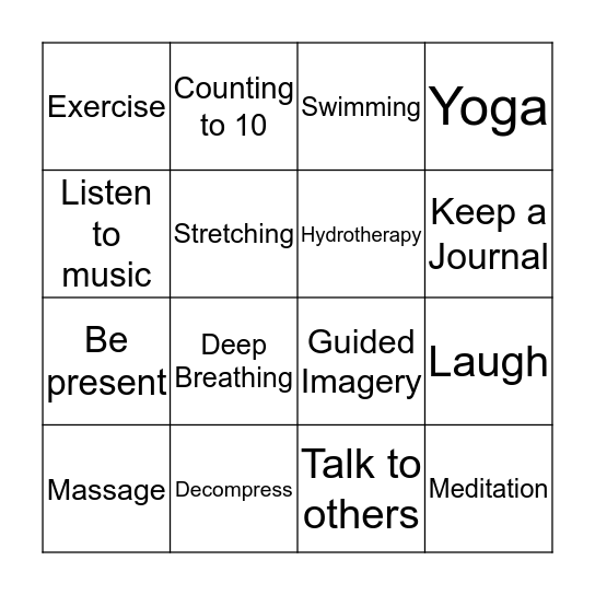 Relaxation Bingo Card