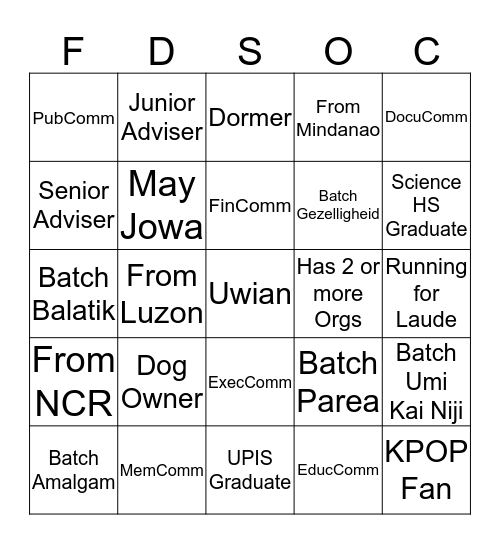 FDSOC Bingo Card