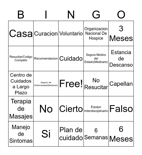 Hospice 101 Bingo Card