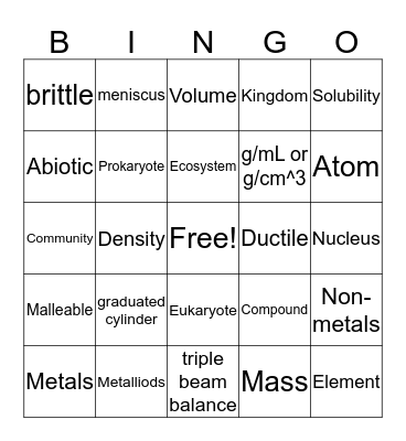 Science Review #1 Bingo Card