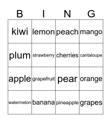 fruit 4X4 Bingo Card