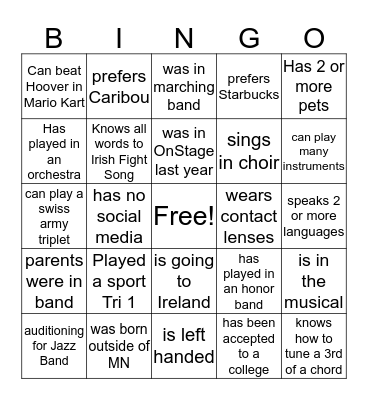 Wind Symphony Bingo Card
