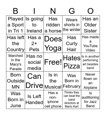 Symphonic Band Blue Bingo Card