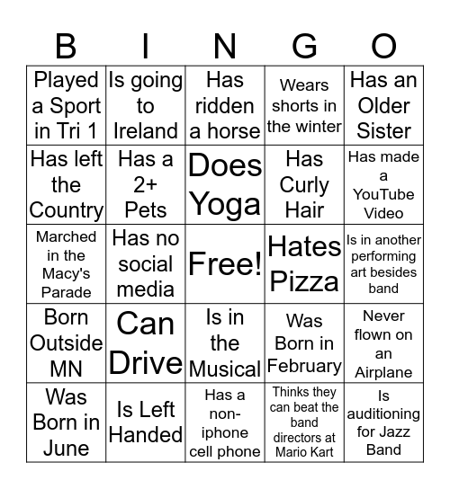 Symphonic Band Blue Bingo Card