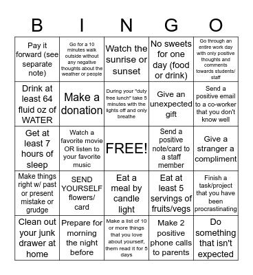 Stress Reduction Bingo Card