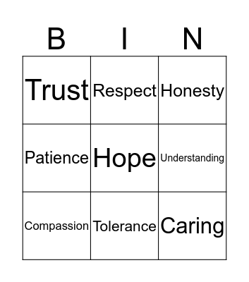 Values Bingo Card