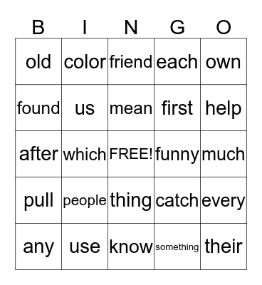 1B Tricky Words Bingo Card