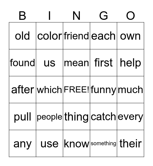 1B Tricky Words Bingo Card