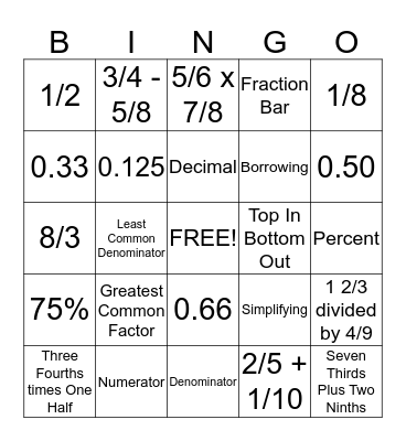 Fractions Bingo Card