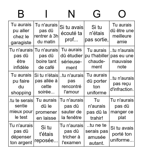 le regret - conditionnel passé Bingo Card