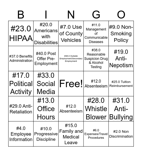 HR Policy BINGO Card