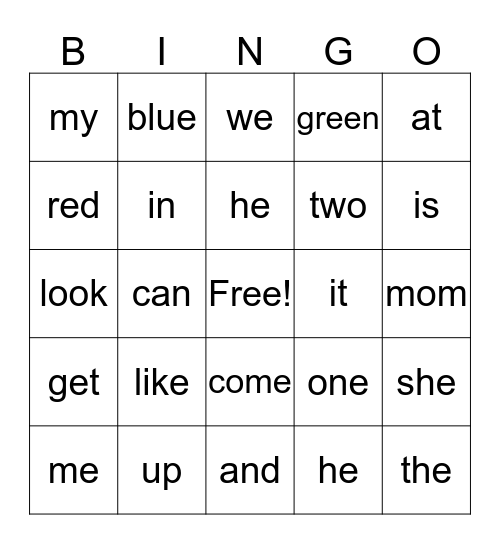 Sight Word BINGO Card