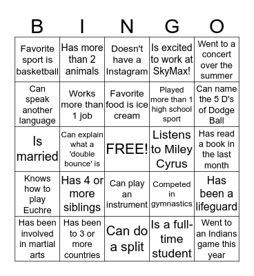 SkyMax Ice Breaker Bingo Card