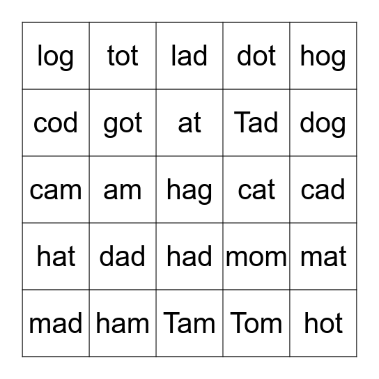 Phonetic Words/ Set 1 Bingo Card