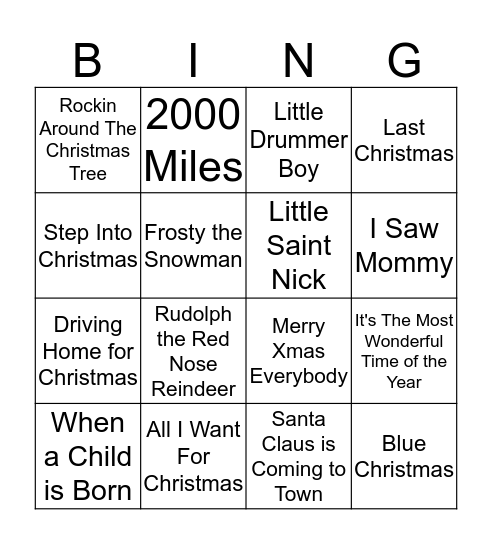 Christmas Hits Bingo Card