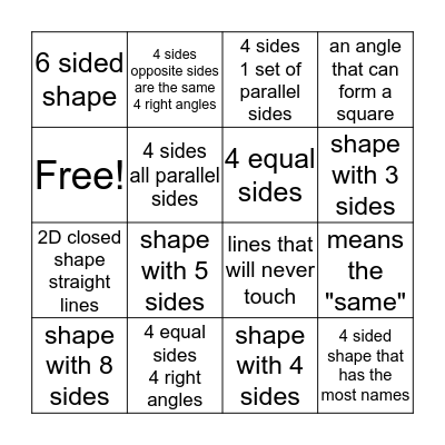 2D shapes Bingo Card