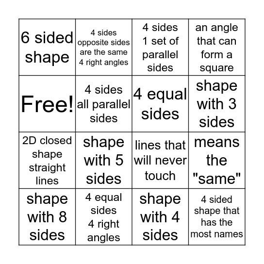 2D shapes Bingo Card