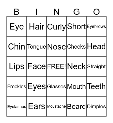 Face Vocabulary  Bingo Card