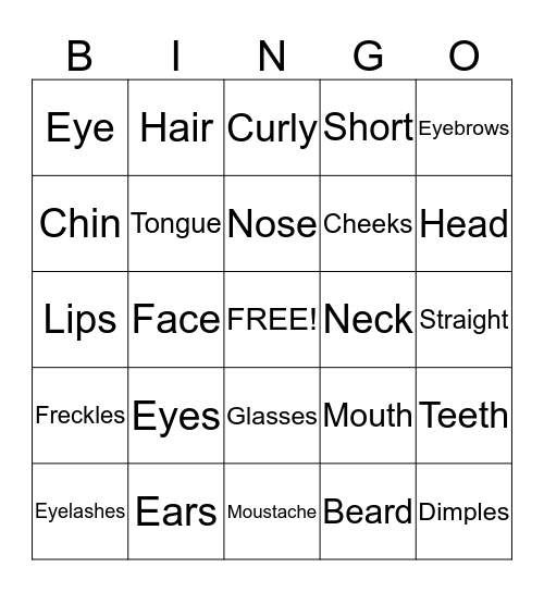 Face Vocabulary  Bingo Card