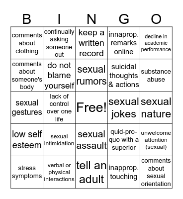 Teen Sexual Harassment Bingo Card