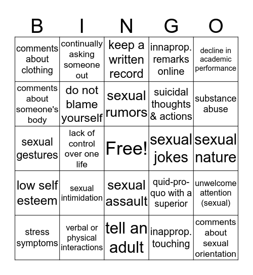 Teen Sexual Harassment Bingo Card