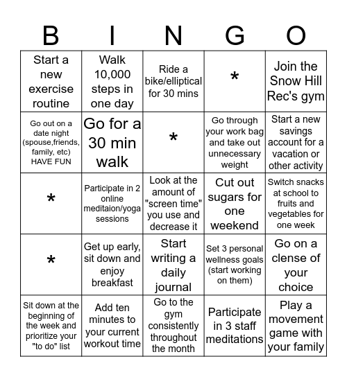 CCSS Wellness Bingo December Bingo Card