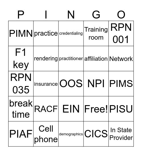 Pingo Bingo Card