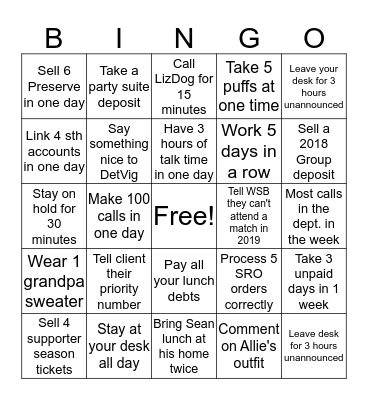 Ticket Sales Bingo Card