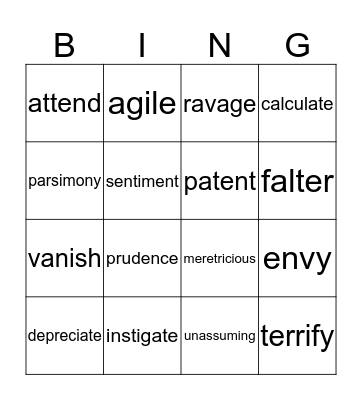 Vocabulary  Bingo Card