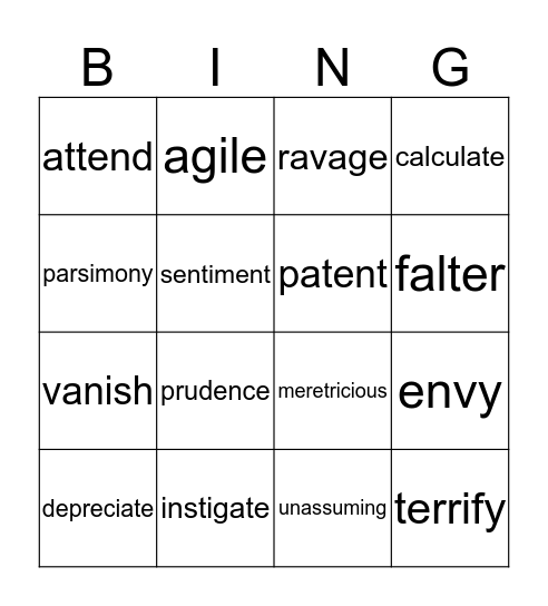 Vocabulary  Bingo Card