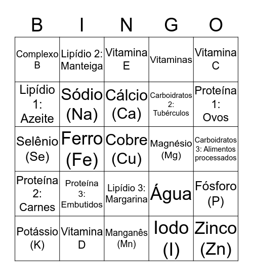 JOGOS DOS NUTRIENTES Bingo Card