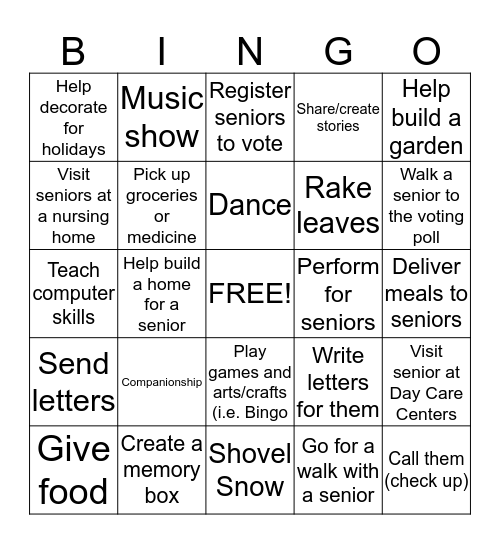 Ways to Volunteer for Seniors Bingo Card