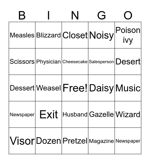 Medial /z/ Bingo Card