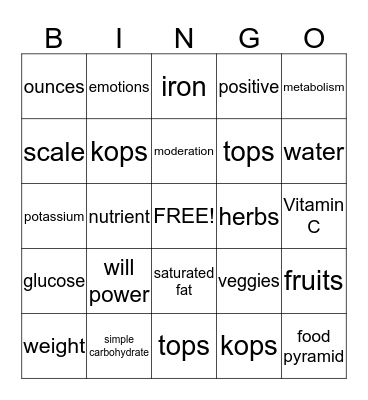 Nutrition Bingo Card